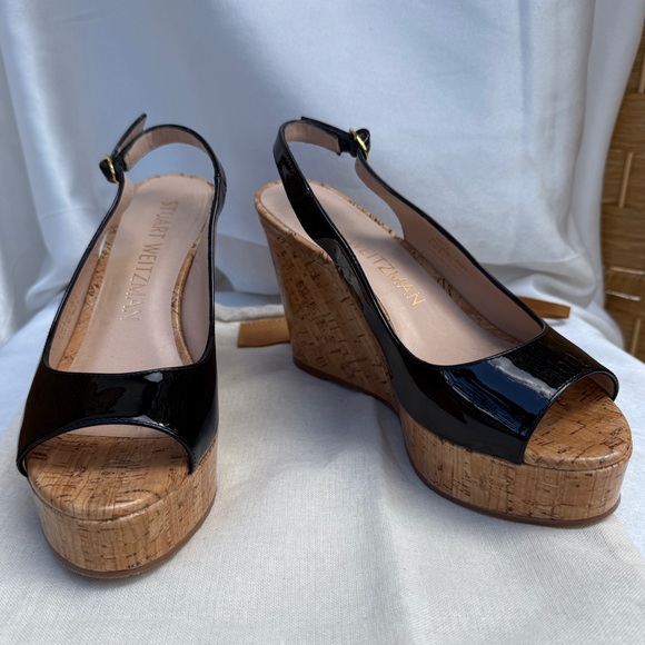 Stuart Weitzman Shoes - Stuart Weitzman Riveria Patent Leather Slingback Cork Platform Wedge Sandals 7.5
